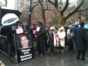 Vendors and Supporters from the Street Vendor Project gather outside City Hall