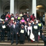 Vendors and supports gather with Councilman David Greenfield (CD 4) on the steps of City Hall