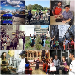 Nine photographs from tours, including a bus in the foreground with ship repair cranes in the background, people on bicycles near a field, a young man in an orange shirt next to an older man wearing a beret sitting at a table, a woman in an apron closing her eyes as a young man to her side smiles with food cart in the background, eight people posing together on a farm, an industrial atrium with tour goers looking up, a woman tasting roasted meats offered on a tray by a man in a baseball cap, a priest standing in front of a group in a church, and four people smiling as a man shows a newspaper article