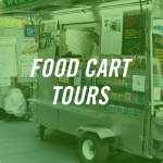 A metal food cart in the background with text that reads Food Cart Tours in white lettering in the foreground.