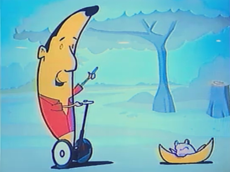 Still from Arrested Development, the cartoon of Mr. Bananagrabber riding a Segway.