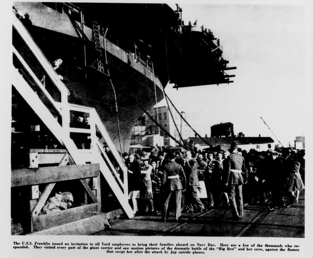 20,000 Brooklyn Navy Yard workers visited the USS Franklin on Navy Day, 1945, from The Shipworker, November 6, 1945.