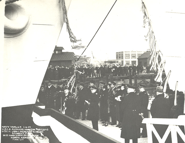 USCG John C. Spencer and Alexander Hamilton being christened at the Brooklyn Navy Yard, January 6, 1937. Credit: NARA