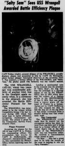 "'Salty Sam' Sees USS Wrangell Awarded Battle Efficiency Plaque," Brooklyn Navy Yard Shipworker, Jan 13, 1956. Credit: Brooklyn Navy Yard Archive.