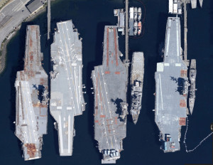 Carriers Independence, Kitty Hawk, Constellation and Ranger at Bremerton NISMF, as they appeared on Google Earth in early 2014.