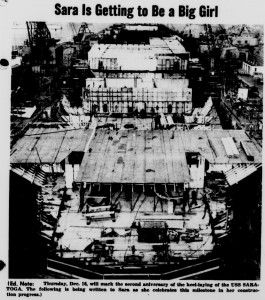 USS Saratoga under construction, Shipworker, December 10, 1954. Source: Brooklyn Navy Yard Archive