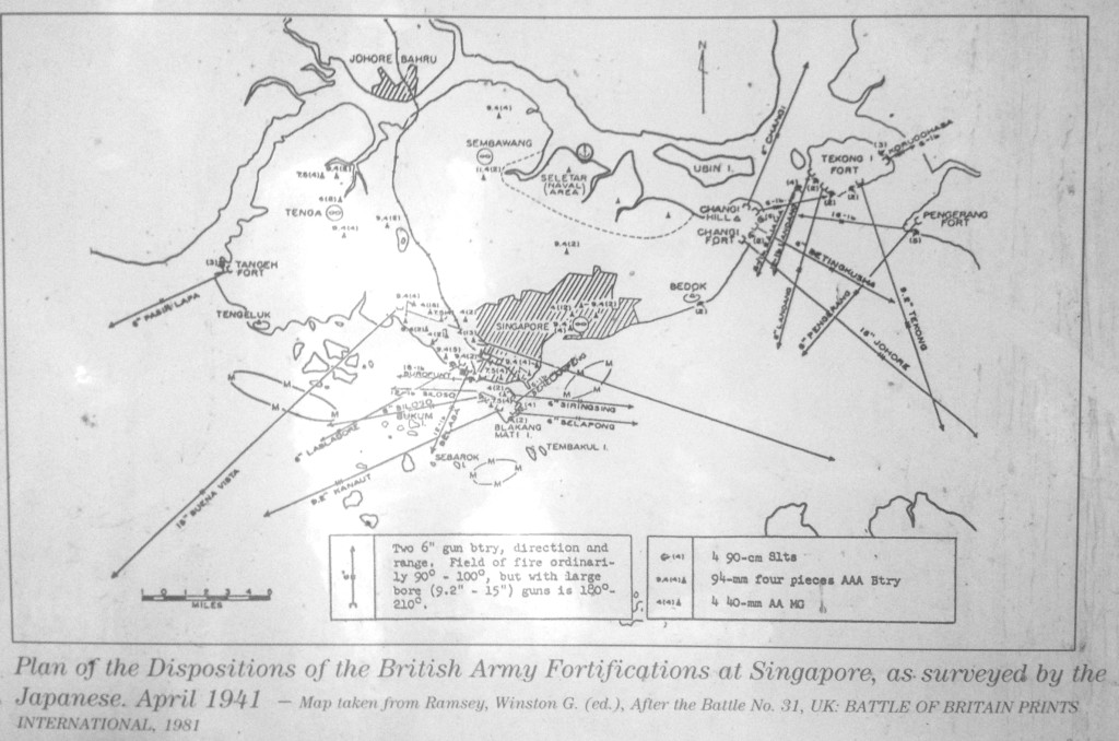 Singapore's artillery batteries, 1941, showing orientation to the east and south. Courtesy Singapore Heritage Board and Journeys Singapore.