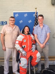 Nik and Ted with NASTAR space training center director Brienna Henwood at the launch of the Space Suit Experience, August 2014