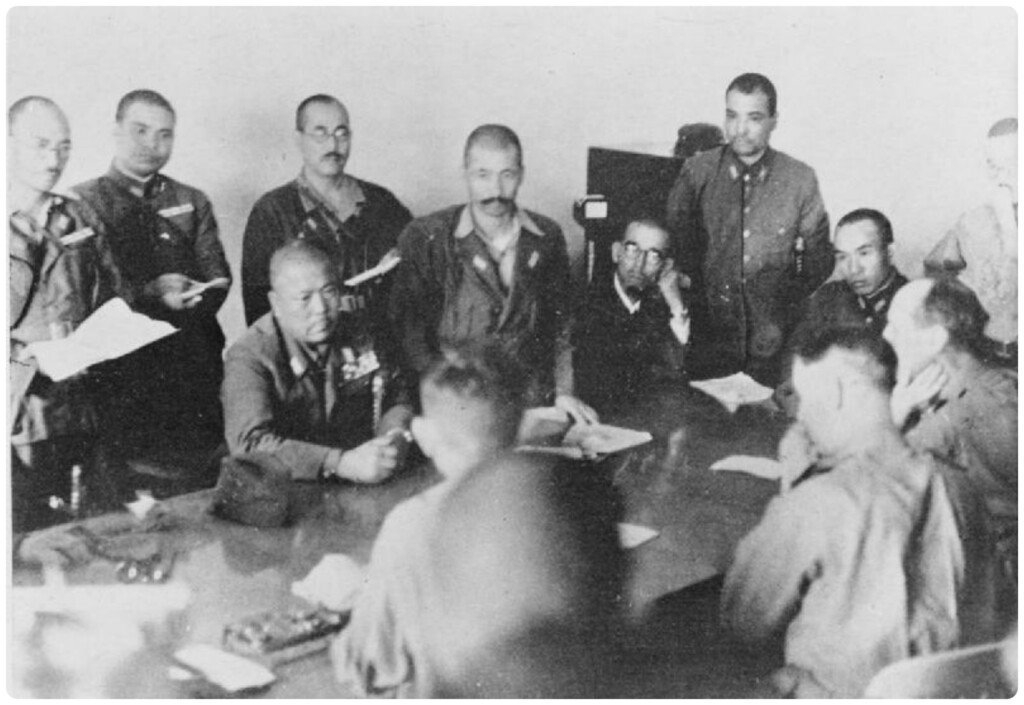 Gen. Yamashita (third from left) at surrender negotiations at Singapore's Ford Factory, Feb. 15, 1942.