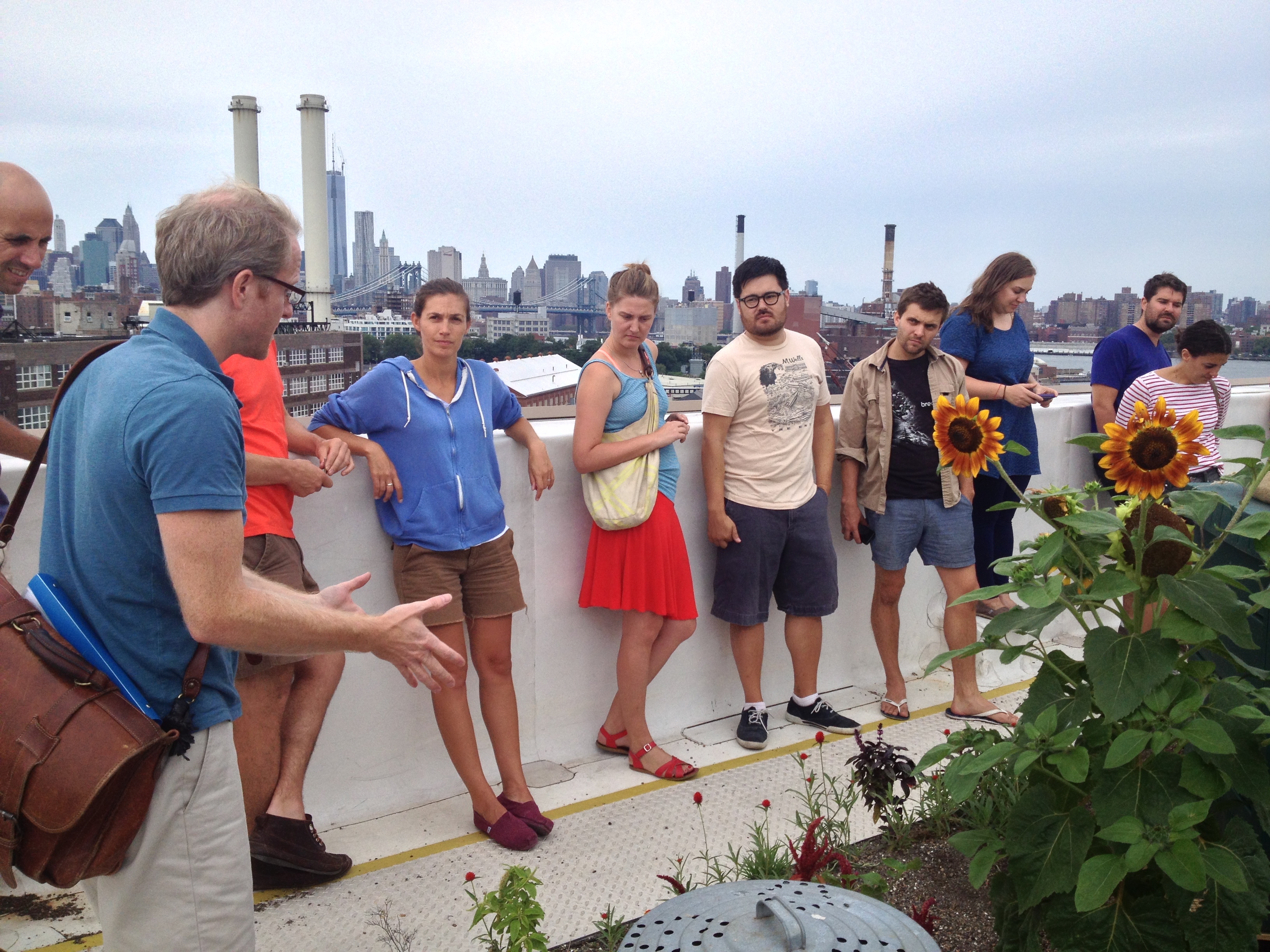 A tour stands on a roof facing their guide looking at him or at the roof, which includes sunflowers and lush vegetation, with smokestacks and the Manhattan skyline in the background