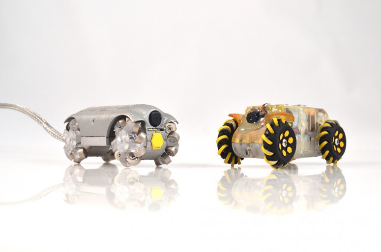 Pipeline Inspection Robot, with its omni-directional Mecanum wheels. Photo courtesy Honeybee Robotics.