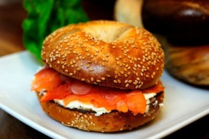 Toasted sesame bagel with lox and cream cheese