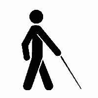 Accessibility symbol that shows a person walking with a cane to indicate services for visitors who are blind or have low vision