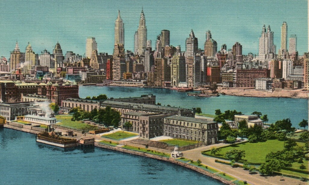 Color postcard of Welfare Island in the East River showing the hospitals and the skyline of Manhattan in the background