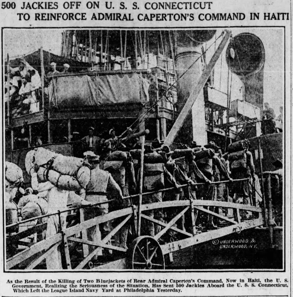 Marines, some from the Brooklyn Navy Yard, embarking at Philadelphia for Haiti, 1915, Brooklyn Daily Eagle
