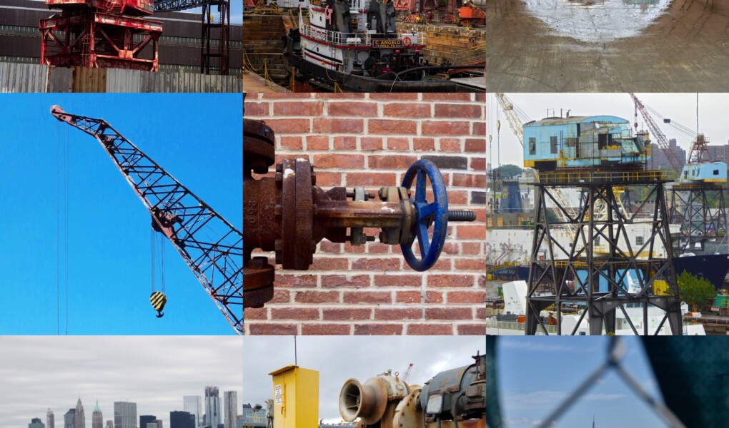 A collage of industrial features of the Brooklyn Navy Yard, including a crane, salt pile, tugboat in a dry dock, and ropes and rusty machinery