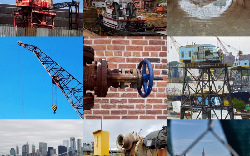 A collage of industrial features of the Brooklyn Navy Yard, including a crane, salt pile, tugboat in a dry dock, and ropes and rusty machinery