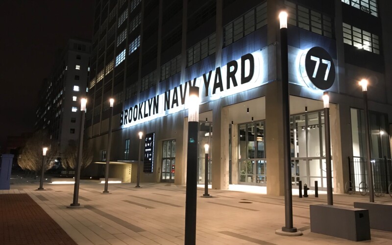 Brooklyn Navy Yard Building 77 at nighttime