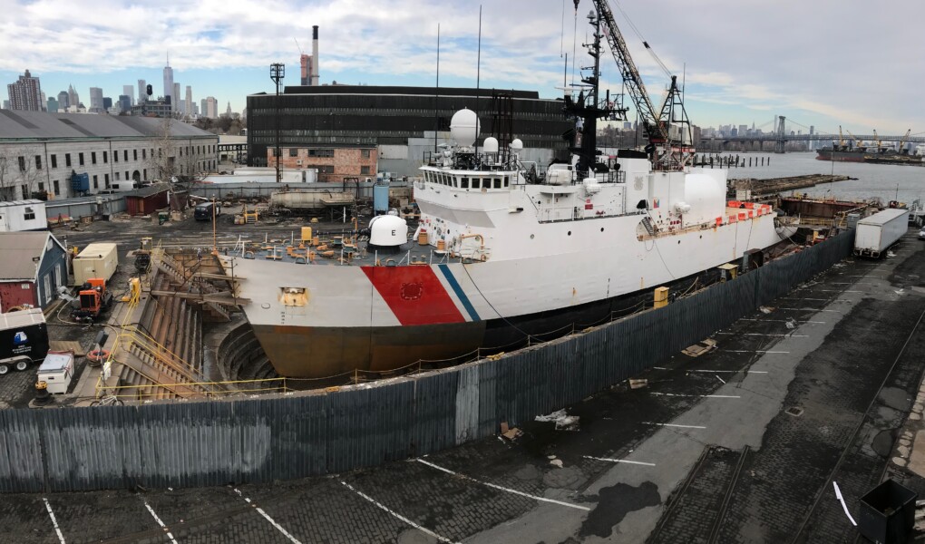 United States Coast Guard Cutter in a dry dock undergoing repairs in Dry Dock 1 at the Brooklyn Navy Yard