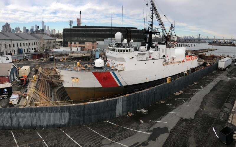 United States Coast Guard Cutter in a dry dock undergoing repairs in Dry Dock 1 at the Brooklyn Navy Yard
