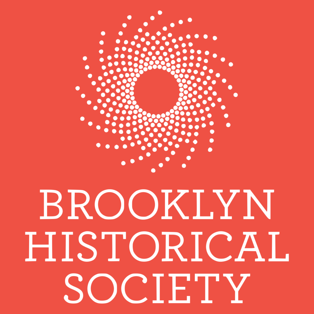Brooklyn Historical Society logo with white text in block lettering with an image that looks like a sun