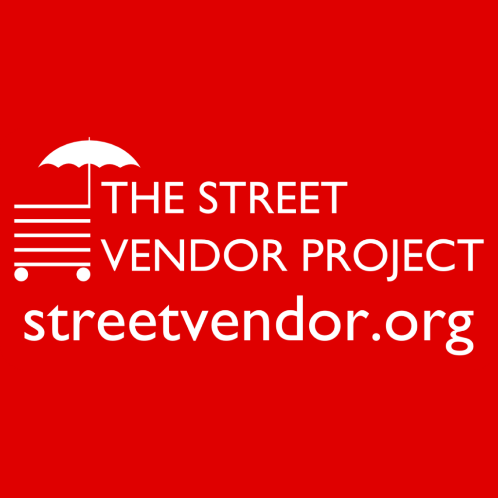Street Vendor Project Logo - a graphic of a food cart with an umbrella next to text and url: streetvendor.org