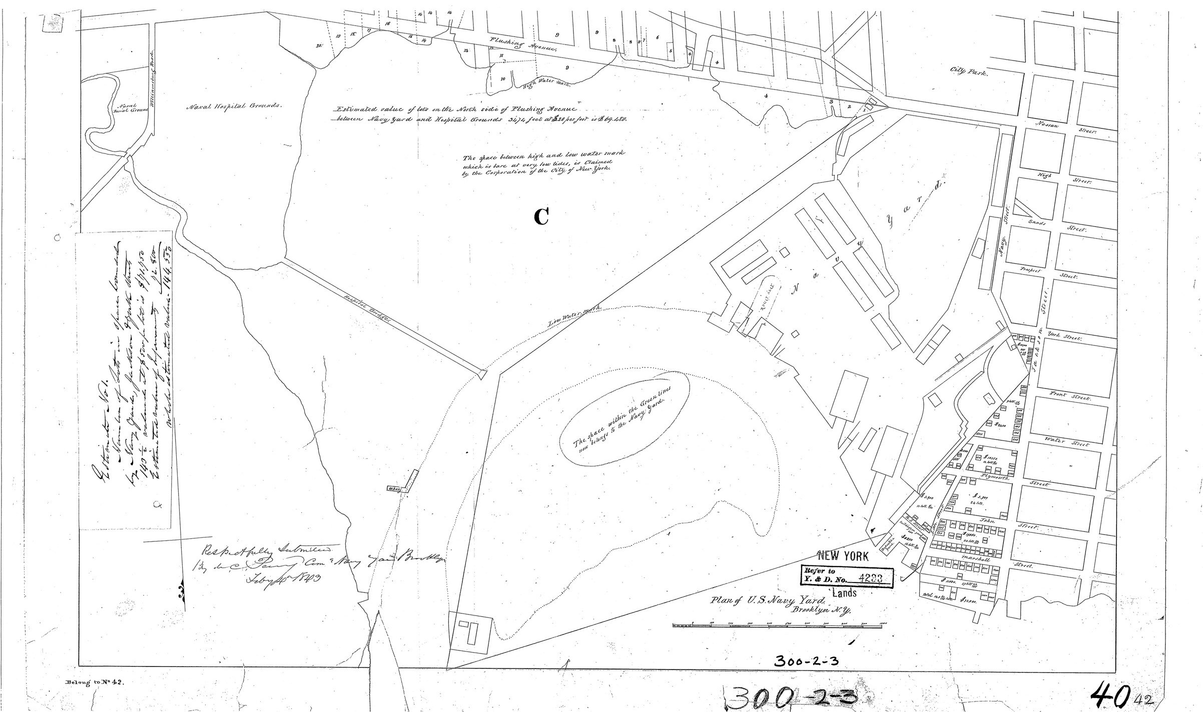 Line drawing map showing the Brooklyn Navy Yard in 1843
