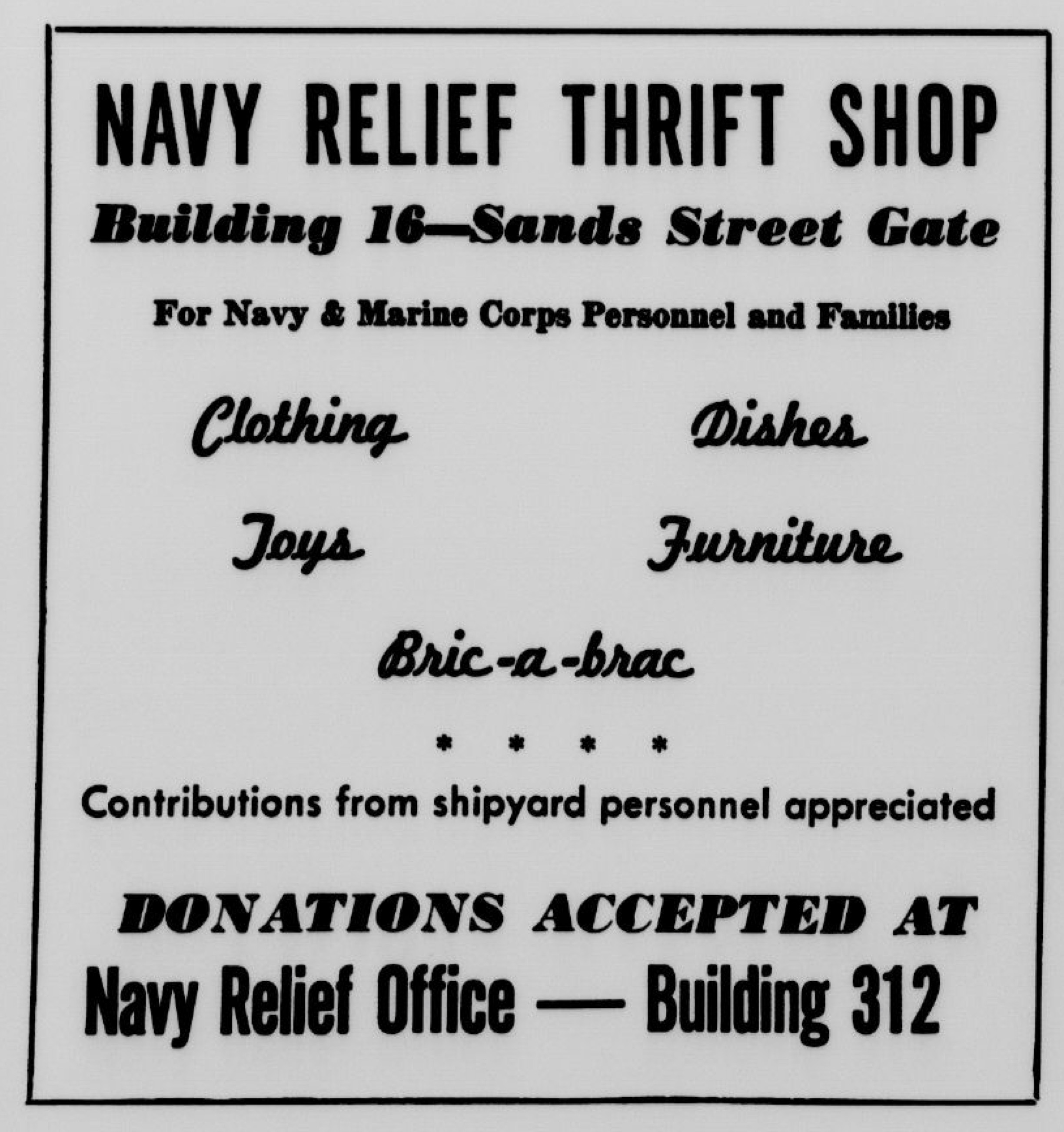 Newspaper ad for Navy Relief Thrift Shop.