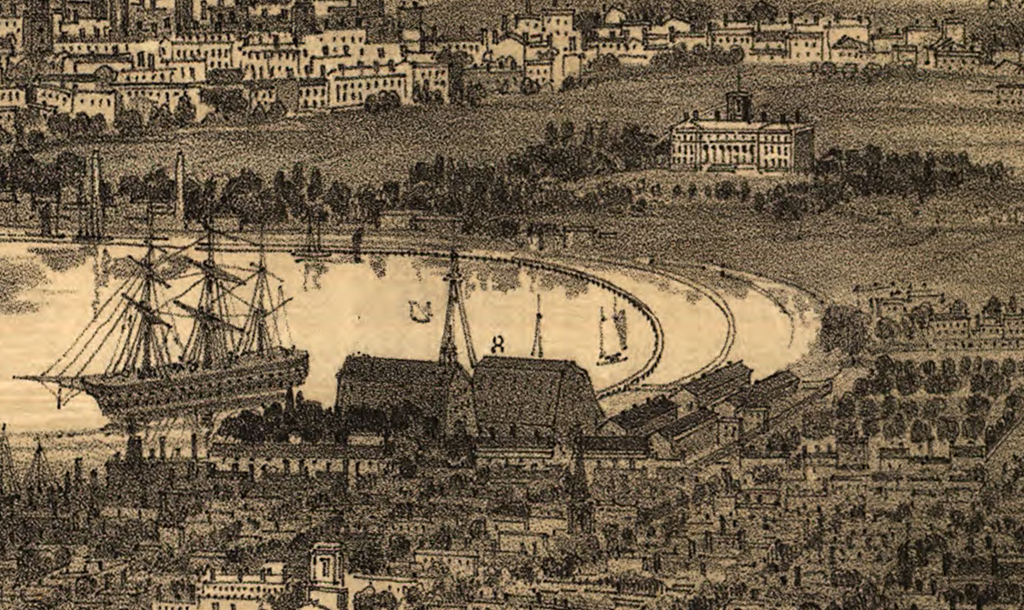 Black and white engraving showing the Wallabout Bay and Navy Yard.