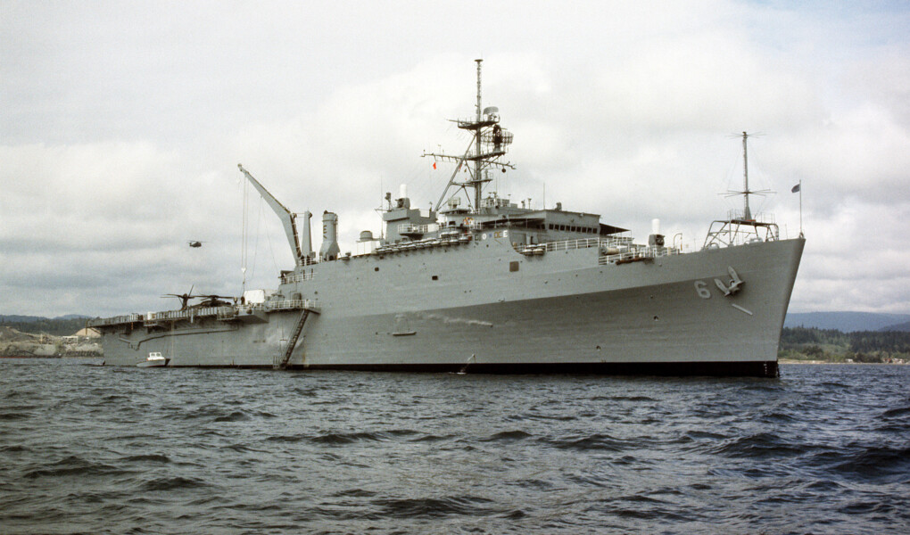 A starboard bow view of the amphibious transport dock USS DULUTH (LPD-6) anchored during the joint U.S.-Canadian fleet Exercise MARCOT '93.