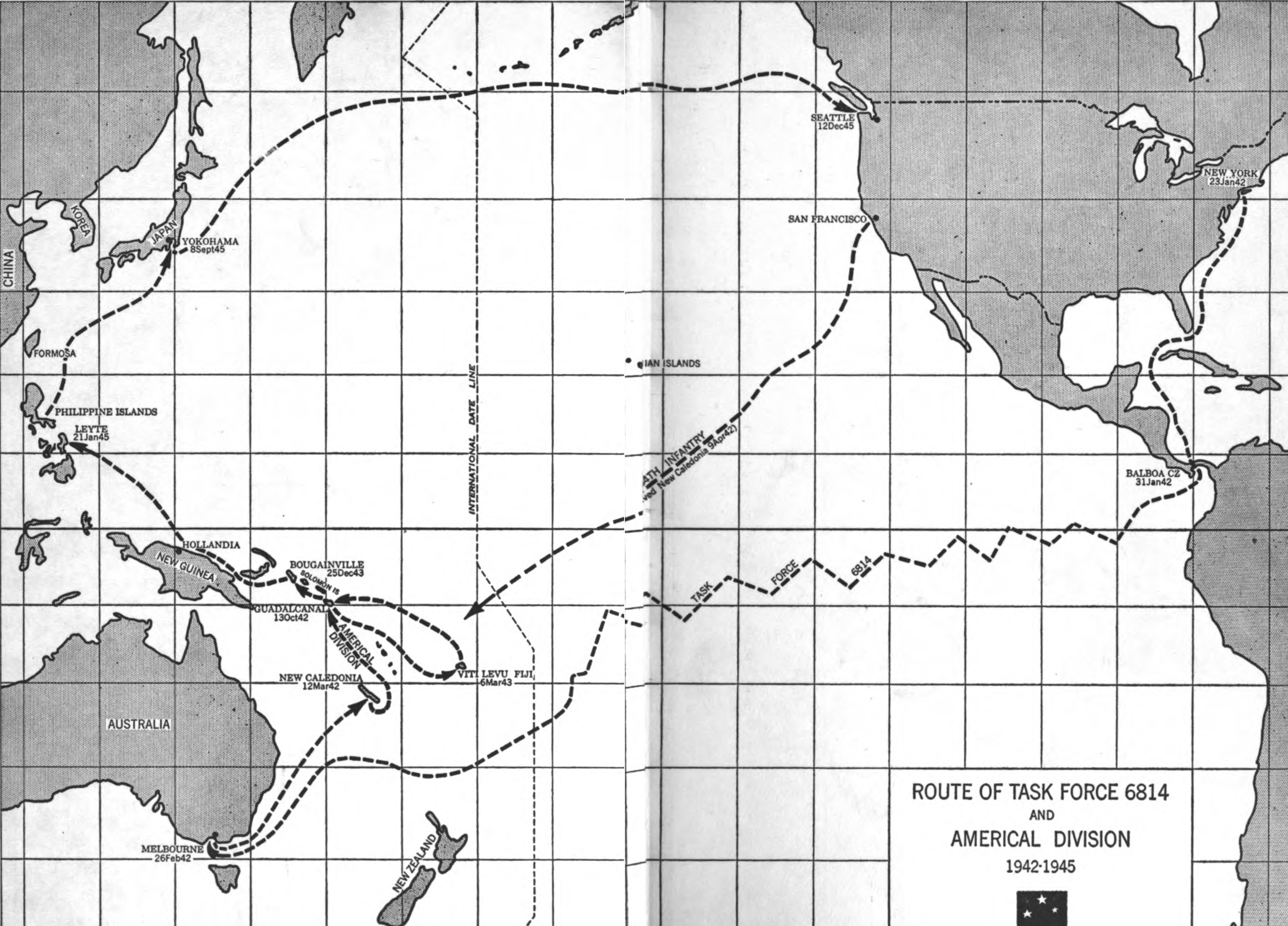 Map of the Pacific showing the route traveled by the Americal Division, 1942-1945