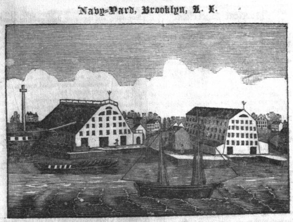 Black and white engraving of the Brooklyn Navy Yard in 1830 showing two shiphouses and two ships in the East River.