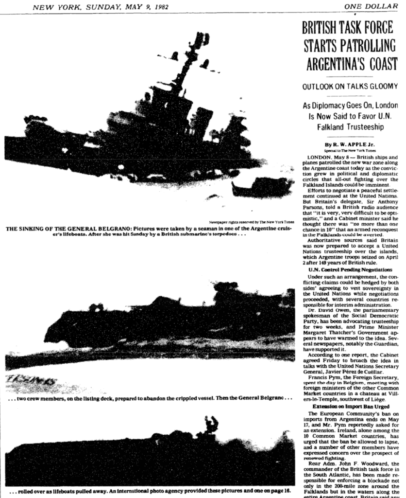 Front page of the New York Times showing three black and white images of the sinking ship.