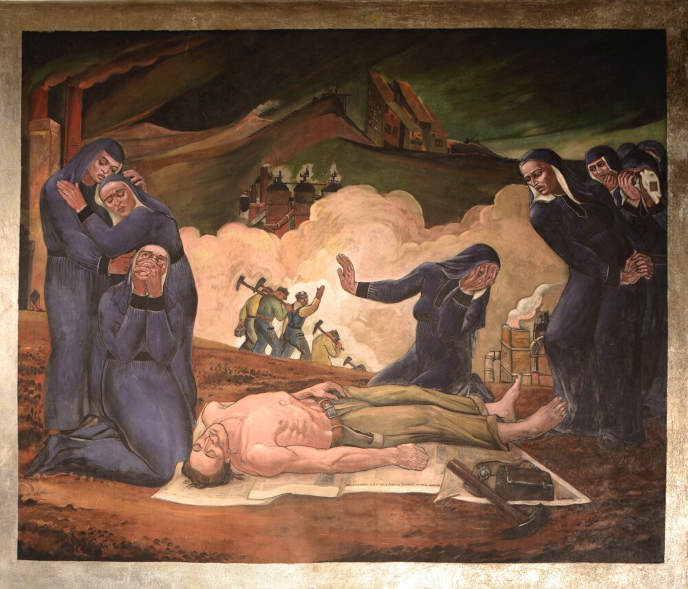 Painting by Maxo Vanka, "Croatian Mothers Raise Their Sons for American Industry," showing mourning women kneeling around a man's body and men in the distance head into the mine.