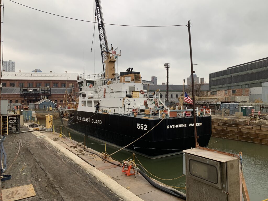 USCGC Katherine Walker (WLM-552) being floated out of Dry Dock 1 at the Brooklyn Navy Yard, December 2023.